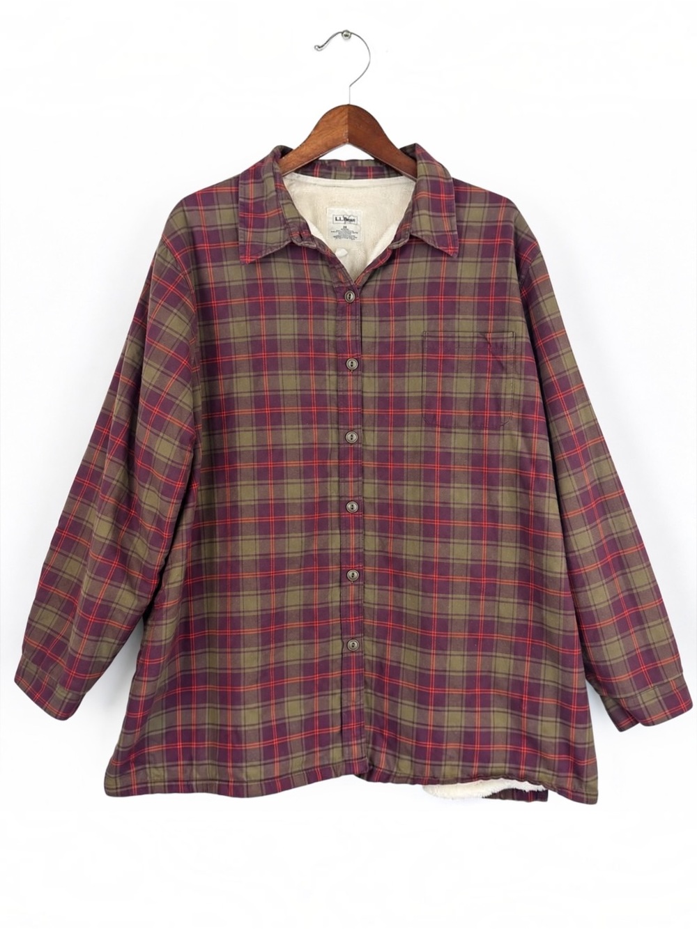 L.L.Bean 3X Fleece Lined Plaid Flannel Shirt Jacket Plum Olive